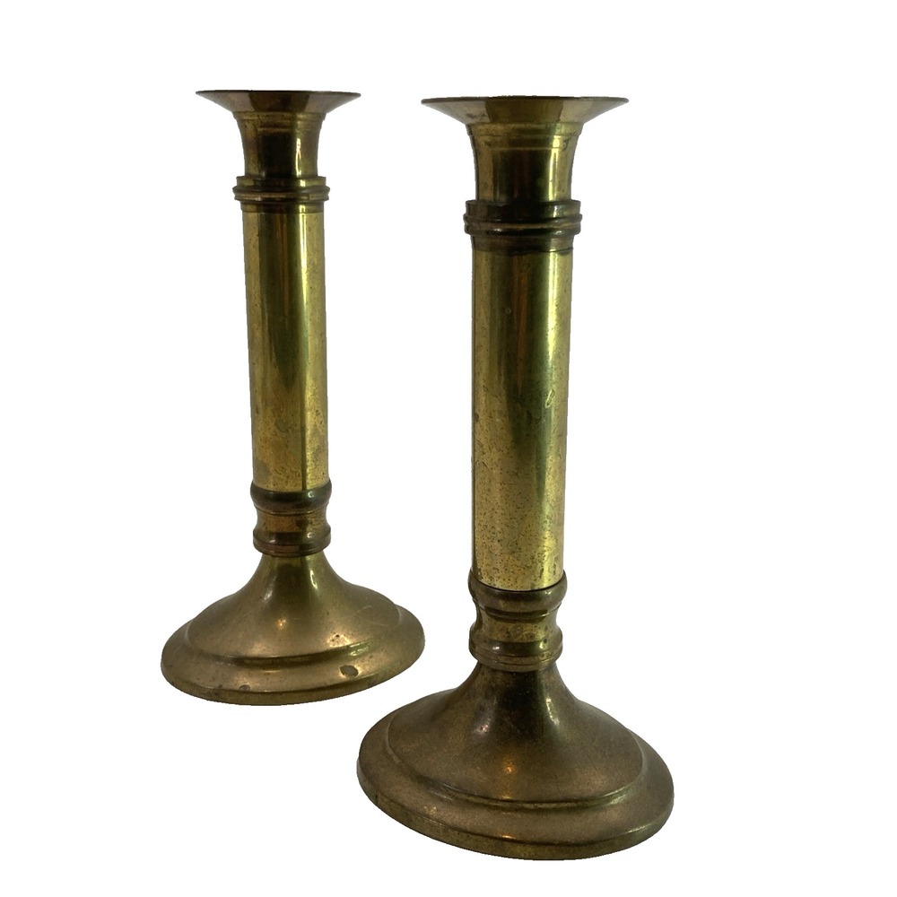 Pair of Vtg MCM Brass Metal Candle Candlestick Holders 7.5"